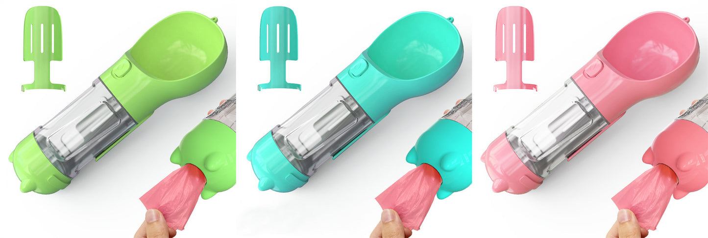 3-in-1 portable pet water bottle with feeding bowl and waste bag